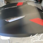 3m 2080 satin black hood wrap w/ custom carmine red hash stripes black hood wrap with stripes